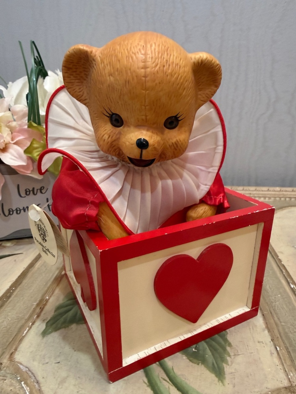 Vintage Teddy Bears Picnic Jester Music Box Bisque Porcelain Bear Moves VIDEO